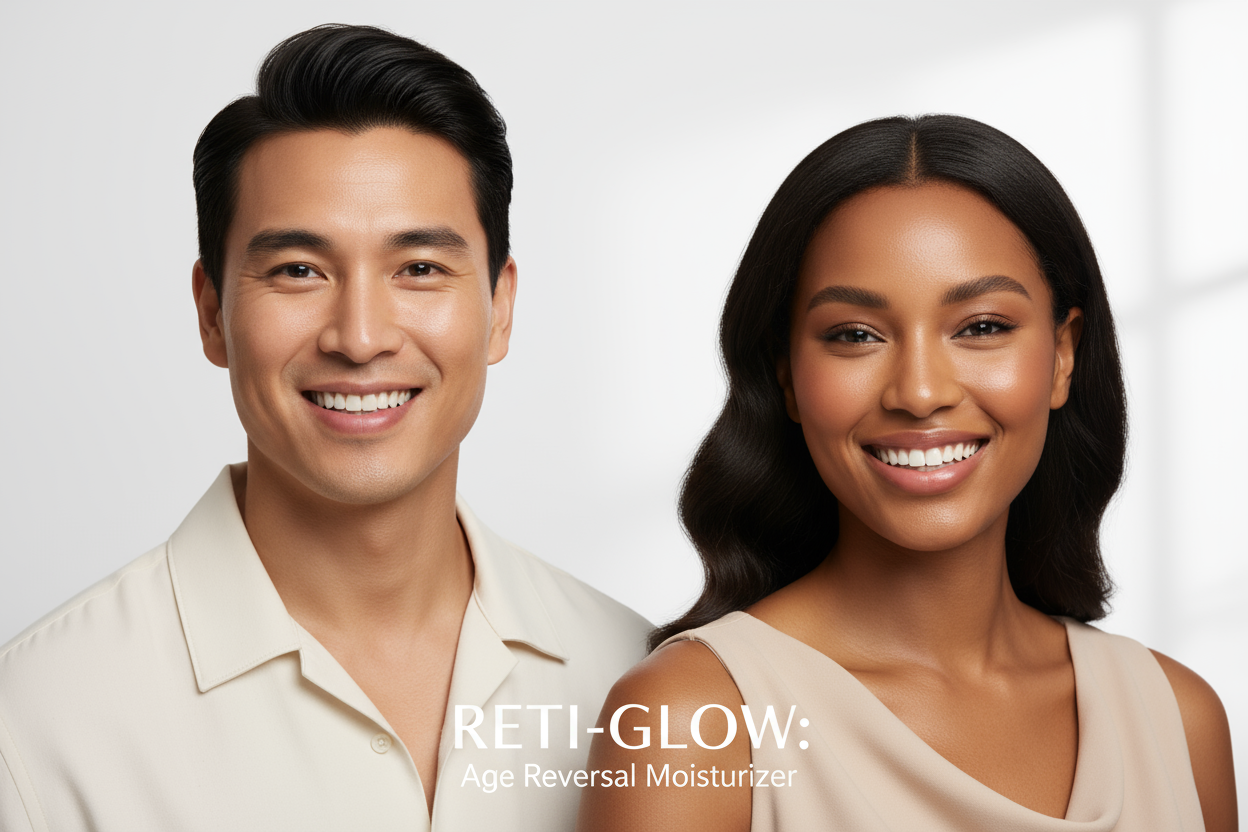 Generate image of men and women both side by side, one with mid tone skin colour and other with one tone lower not fair - having deeply nourished skin after usage of retinol face moisturizer