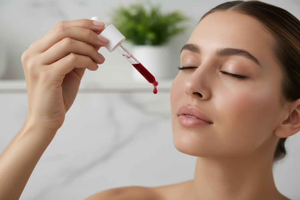 Woman dropping cherry serum on face