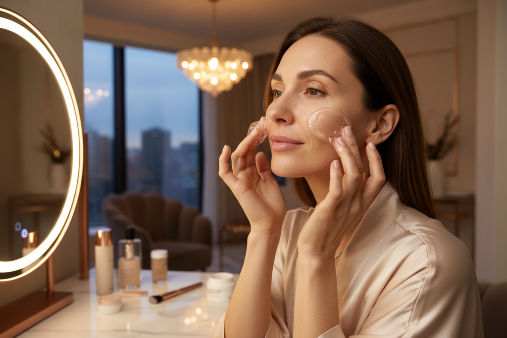 Women applying good amount of Collagen Jelly Cream for face moisturization while getting ready for office or party