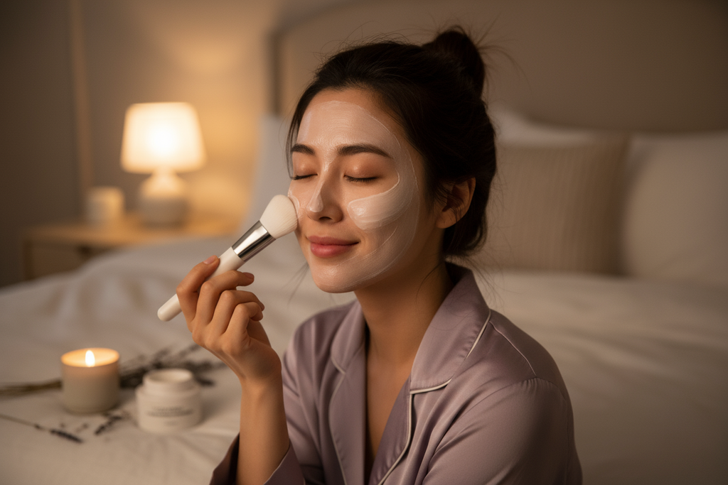 Women using Collagen Night Wrapping Mask with white brush while going to peaceful sleep